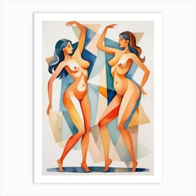 Two Nude Women Dancing Watercolor Painting Art Print