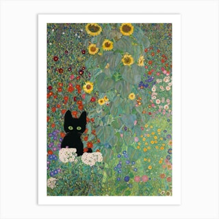 Gustav Klimt Inspired , Farm Garden With Sunflowers And A Black Cat Art Print