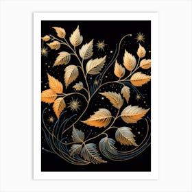 Gold Leaves On Black Background Art Print