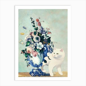 Rococo Vase, Paul Cezanne  Inspired With White Cat Art Print