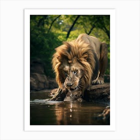 African Lion Drinking Water Realism 3 Art Print