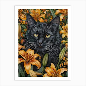 Black Cat With Lilies 2 Art Print