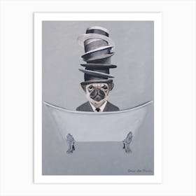 Pug With Stacked Hats In Bathtub Art Print