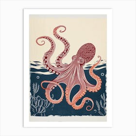 Red Octopus Linocut With The Seaweed Art Print