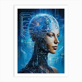 Abstract Painting Of A Cybernetic Human Head Integrating Seamlessly With A Futuristic Security Conce (3) Art Print