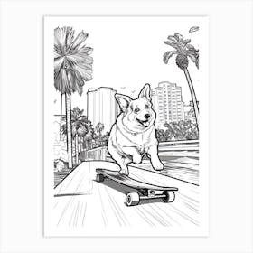 Pembroke Welsh Corgi Dog Skateboarding Line Art 1 Art Print
