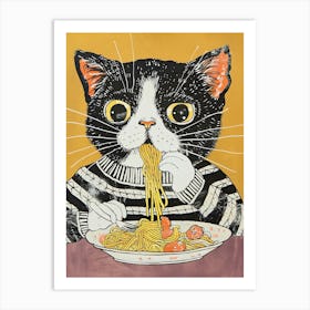 Black And White Cat Eating Pizza Folk Illustration 1 Art Print