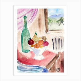 Fruits And Bottle - watercolor hand painted vertical food still life kitchen art dining Art Print