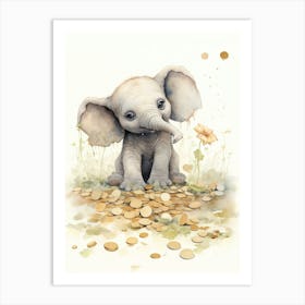 Elephant Painting Collecting Coins Watercolour 2 Art Print