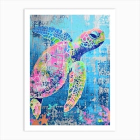 Pink Green Blue Sea Turtle Textured Painting Art Print