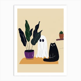 Cute Boho Ghost And A Cat Halloween Art Print