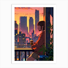 Anime Girl Sitting On Balcony At Sunset Art Print