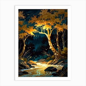 Forest At Night With Fireflies Art Print