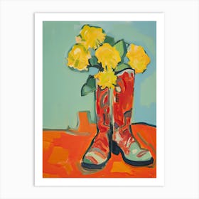 Painting Of Yellow Flowers And Cowboy Boots, Oil Style 3 Art Print