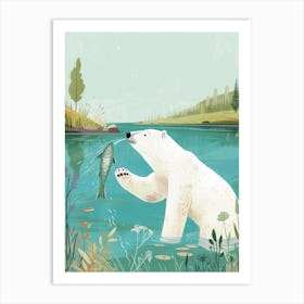 Polar Bear Catching Fish In A Tranquil Lake Storybook Illustration 2 Art Print