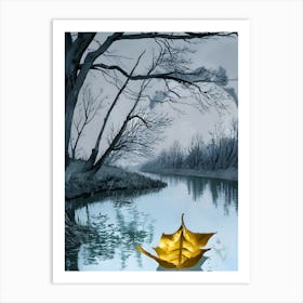 Golden Leaf In The Water Art Print