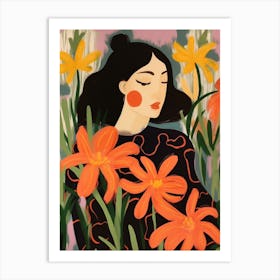 Woman With Autumnal Flowers Gloriosa Lily 1 Art Print