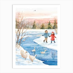 Watercolor Illustration Of A Serene Siberian Park In Winter Featuring A Tranquil Frozen Lake With A Art Print