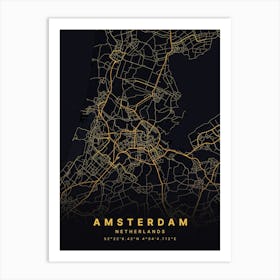 Amsterdam Netherland Black And Gold Map Art Print