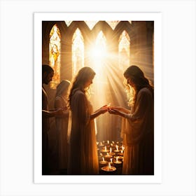 Candlelight Vigil During Spiritual Celebration Rays Of Soft Golden Light Breaking Through Stained G Art Print