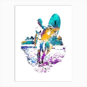 Surfer With Surfboard Watercolor Art Print