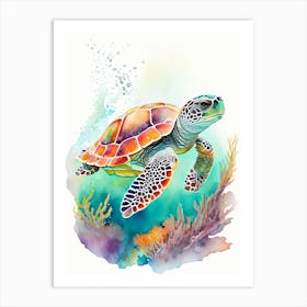 A Single Sea Turtle In Coral Reef, Sea Turtle Watercolour 3 Art Print