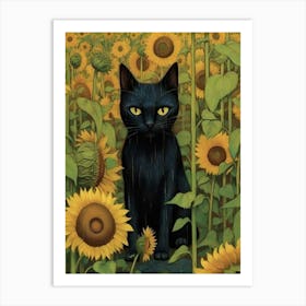 Black Cat In Sunflower Field Art Print