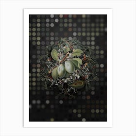 Vintage Plum Fruit Wreath on Dot Bokeh Pattern n.0489 Art Print