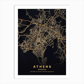 Athens Greece Black And Gold Map Art Print