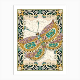 Magnificent Moth With Floral Decorations And Frame 1 Art Print