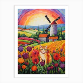 A Cat With A Windmill & Medieval Village Background Art Print