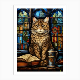 Stained Glass Cat In A Library Art Print