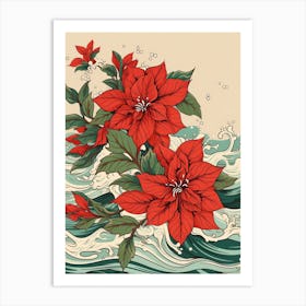 Great Wave With Poinsettia Flower Drawing In The Style Of Ukiyo E 3 Art Print