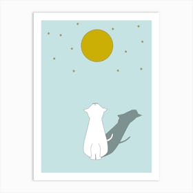 Cat Watching The Moon Stars Kitten Cute Flat Art Print