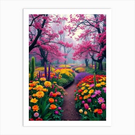 Pink Flowers In The Garden Art Print