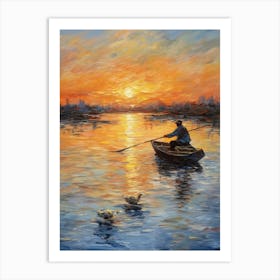Ducklings In The Sunset With A Fishing Boat Impressionism Painting 1 Art Print