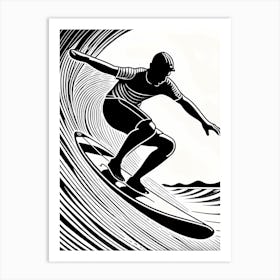 Linocut Black And White Surfer On A Wave art, surfing art, 238 Art Print