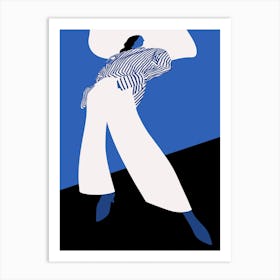 Fashion Model With Striped Shirt Large Hat On Blue Art Print