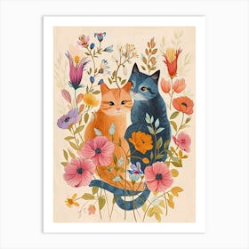 Folksy Floral Animal Drawing Cat 9 Art Print