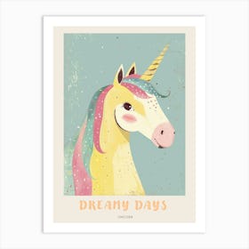 Cute Yellow Blue Pink Storybook Style Unicorn Poster Art Print