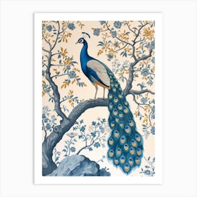 Peacock In The Tree Cream & Blue Vintage Wallpaper Art Print