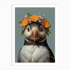 Puffin With Flower3 Crown Style Watercolor Art Print