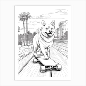 Shiba Inu Dog Skateboarding Line Art 2 Art Print