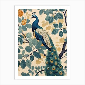 Cream & Blue Leaves Peacock Wallpaper Art Print