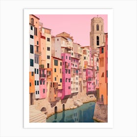 Girona Spain 4 Vintage Pink Travel Illustration Art Print