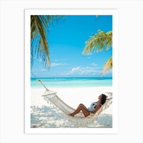 Content Woman Sprawls On A Pristine Tropical Beach Soft White Sands Adorned With Delicate Seashells (1) Art Print