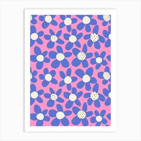 Playful Blooming Flowers Blue On Bright Pink Art Print