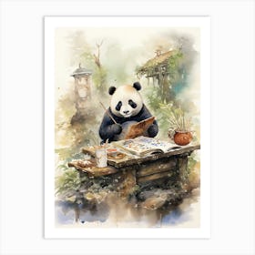 Panda Art Doing Calligraphy Watercolour 1 Art Print