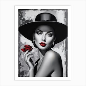 Woman In A Black Hat With Red Rose Art Print