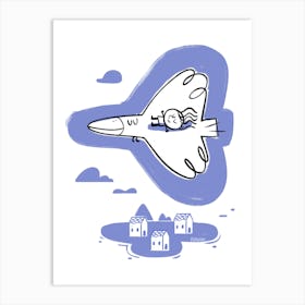 Girl and bird flying over the city Art Print